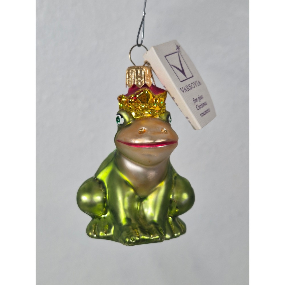 Varsovia Poland Glass Frog Prince Christmas Ornament Green Gold Crown Glitter